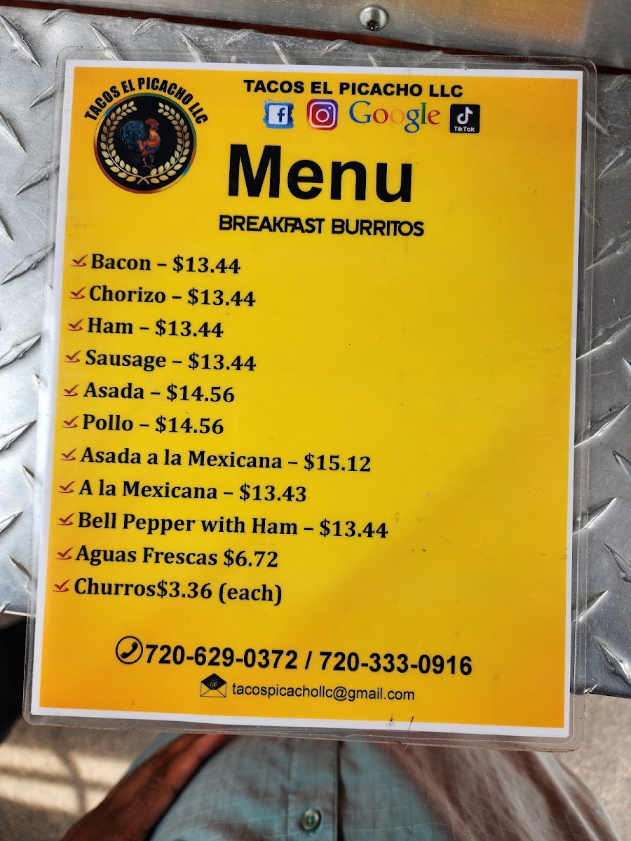 Tacos El Picacho Food Truck menu board