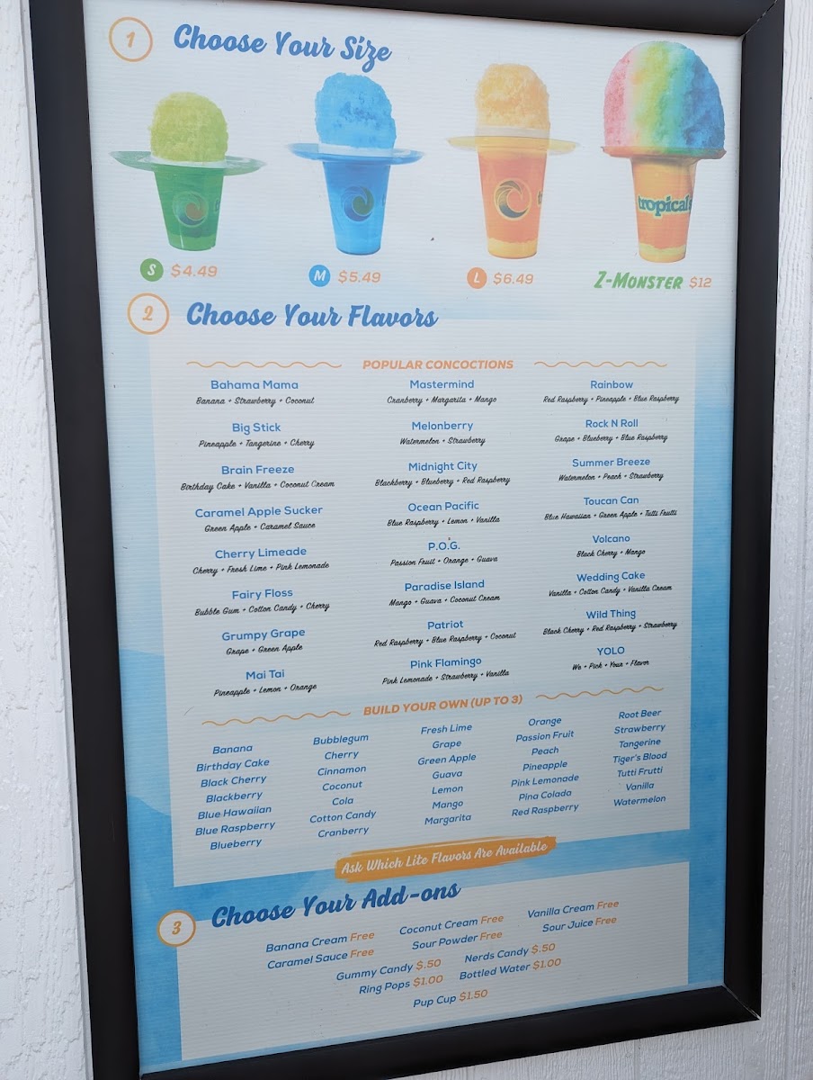 Wood River Tropical Sno menu board