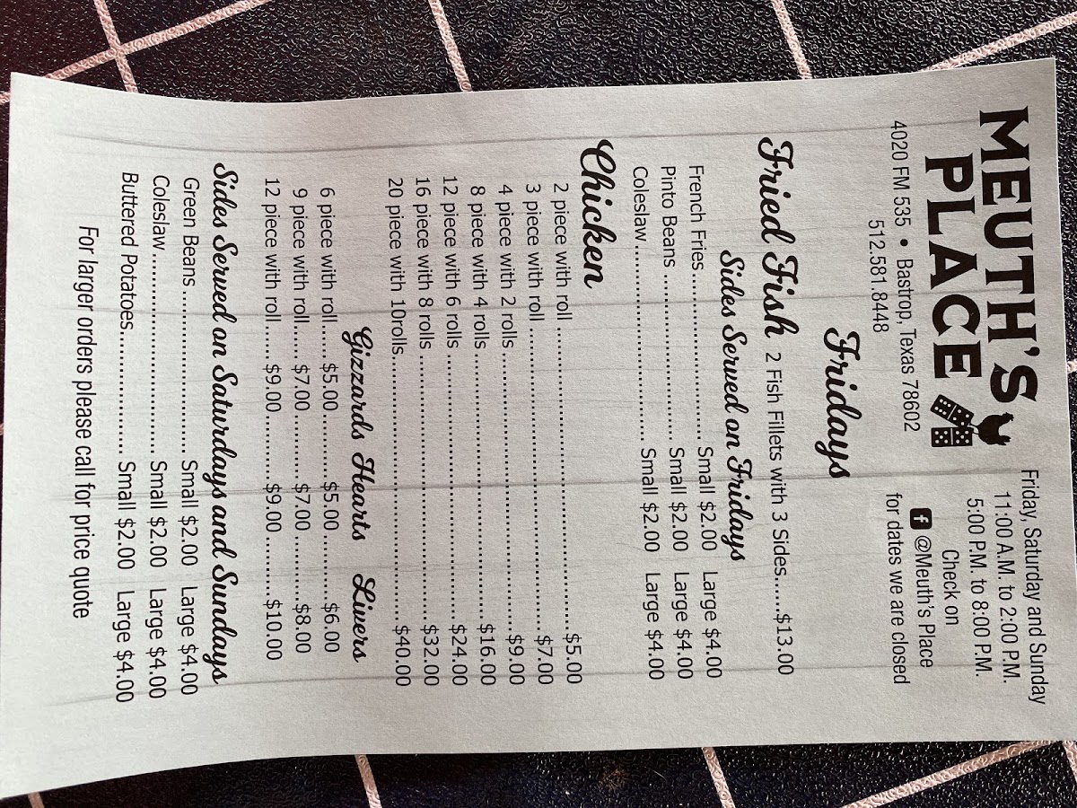 Meuth's Place menu board