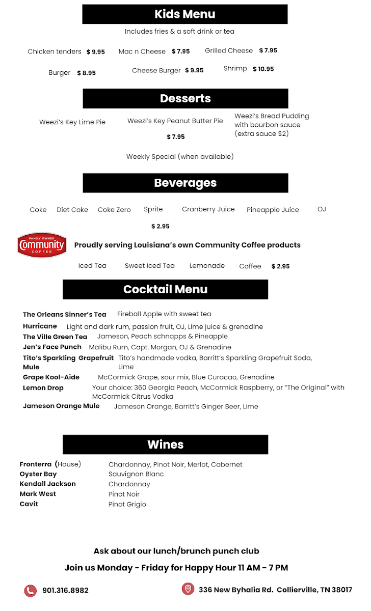 The Orleans in the Ville menu board