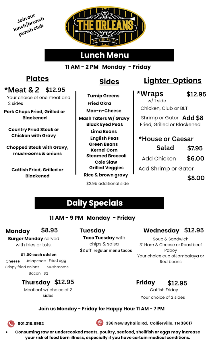 The Orleans in the Ville menu board