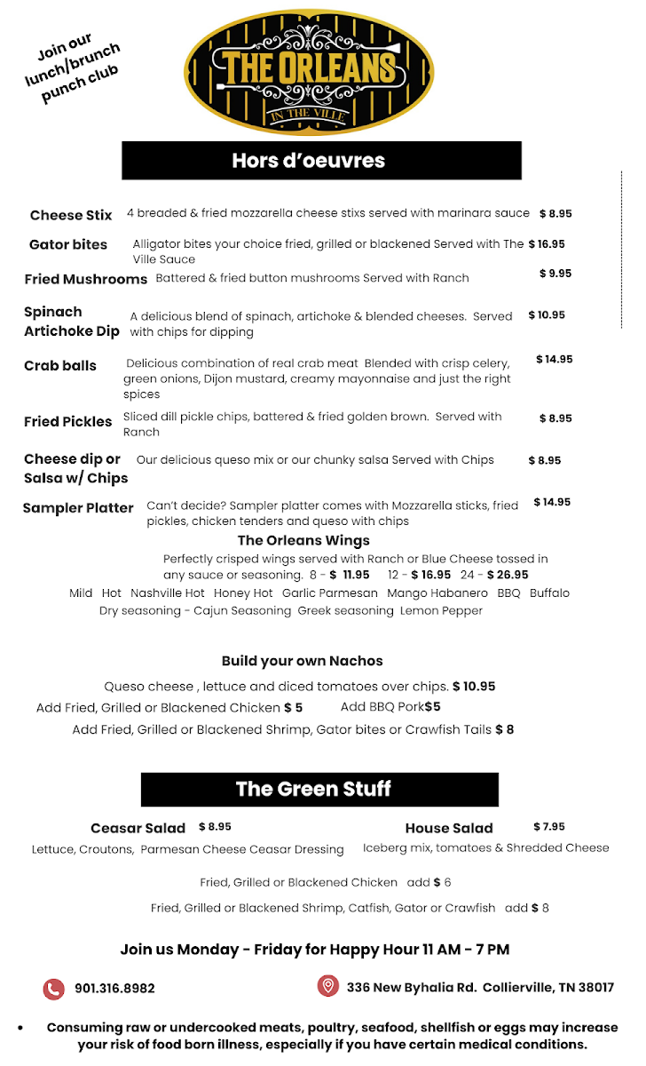 The Orleans in the Ville menu board