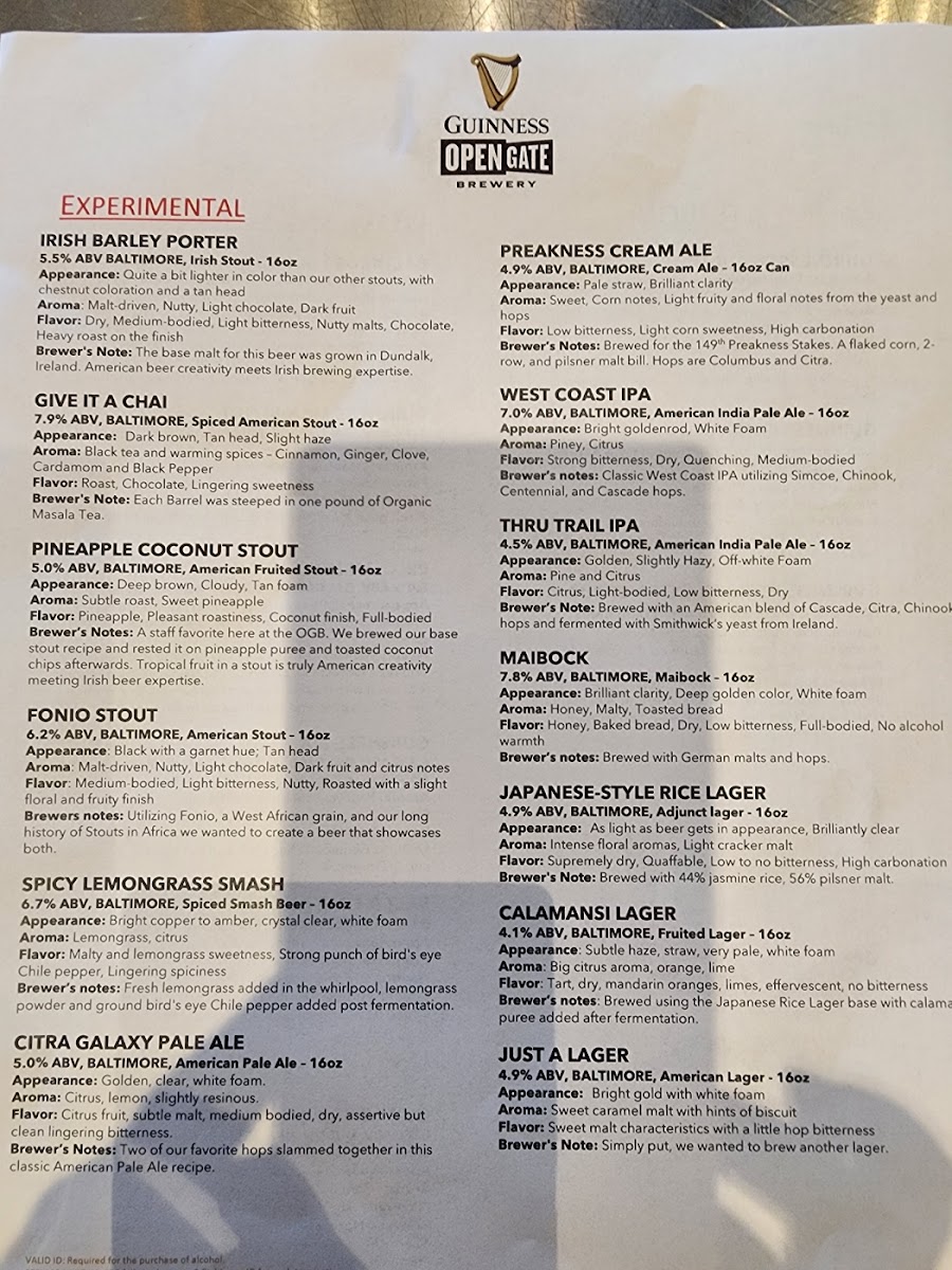 Guinness Store House menu board