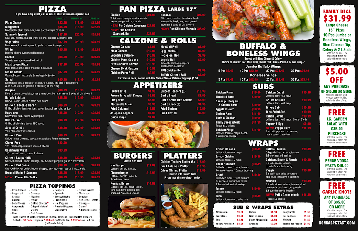 Nonna's Pizza & Pasta Monroe menu board