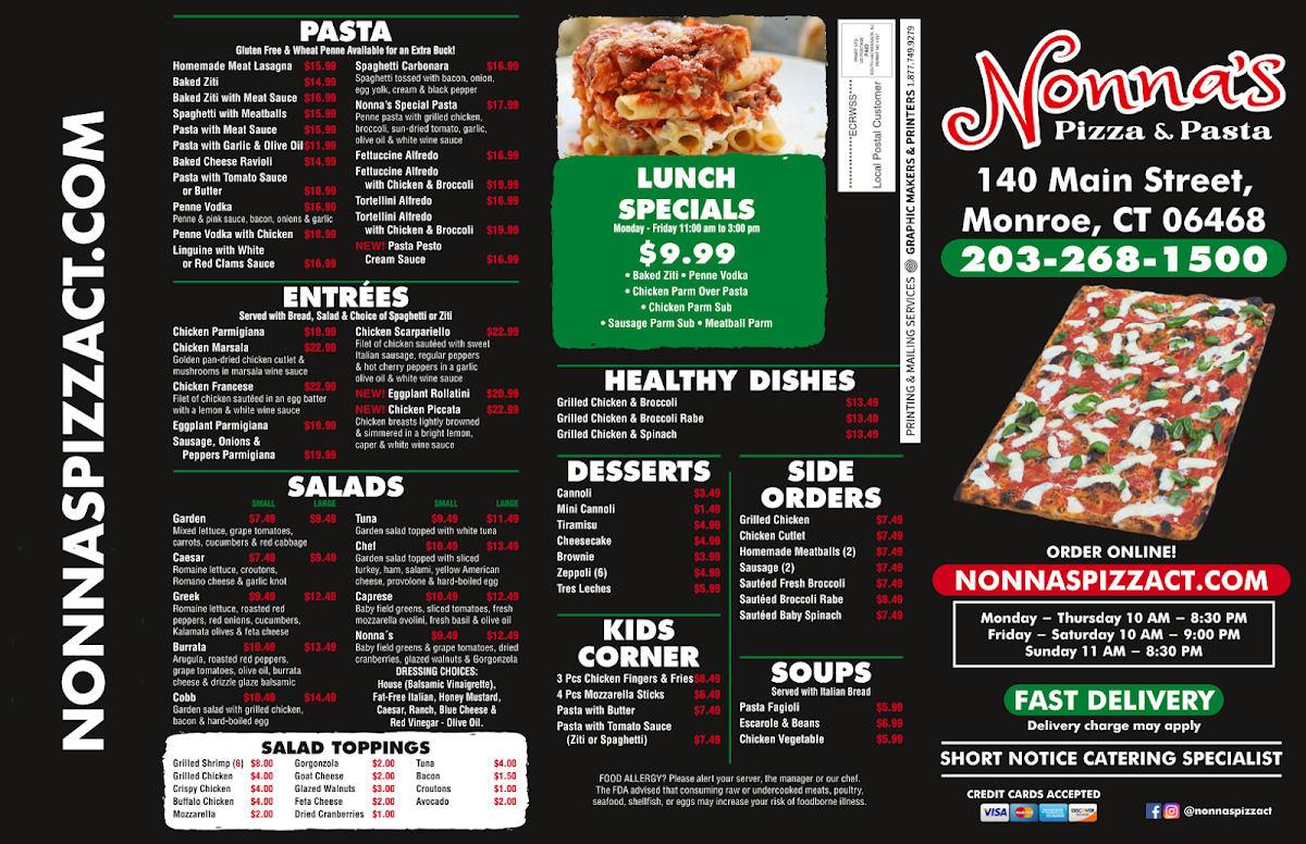Nonna's Pizza & Pasta Monroe menu board