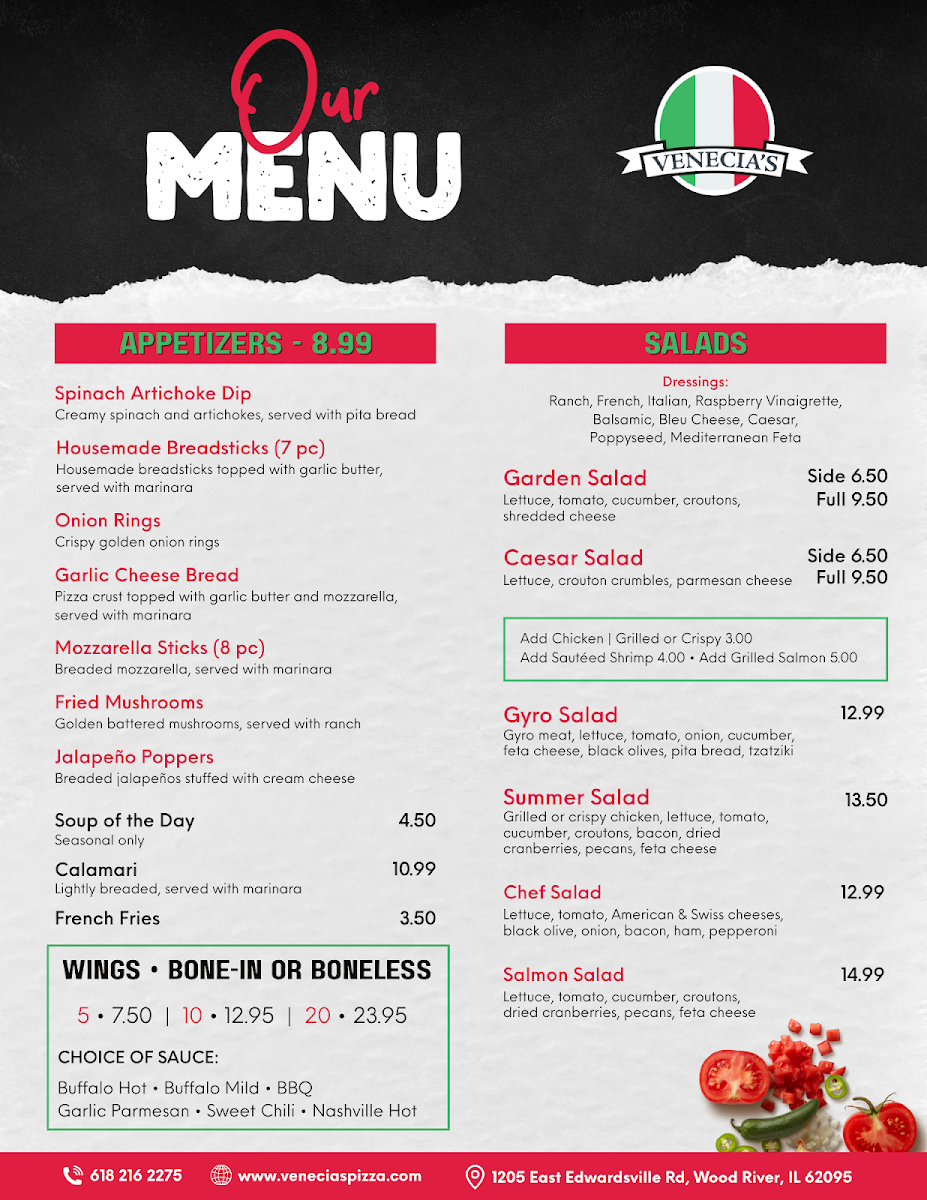 Venecia's Pizza menu board