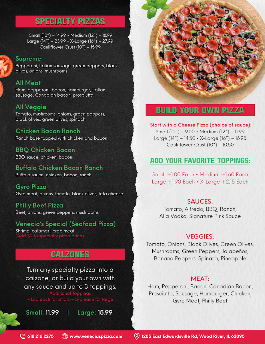 Venecia's Pizza menu board