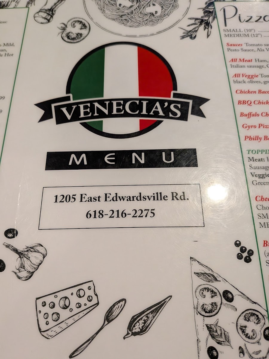 Venecia's Pizza menu board