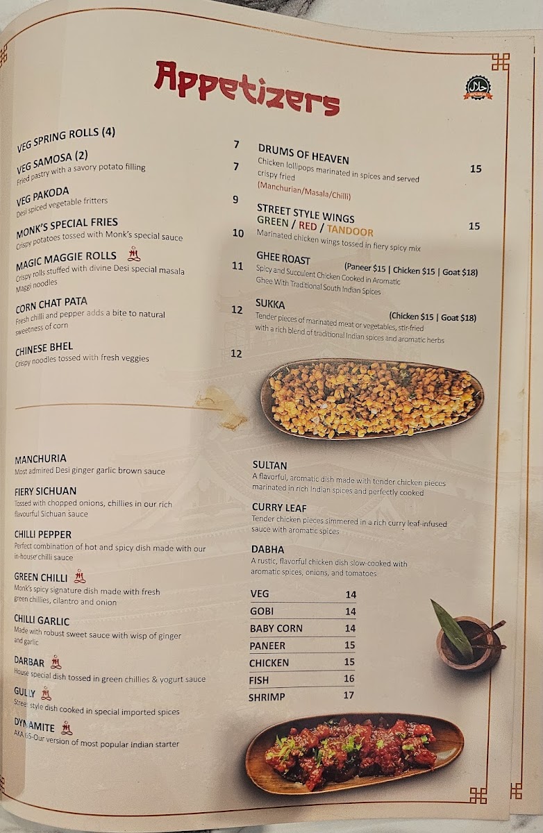 The Monks Indian Bistro menu board