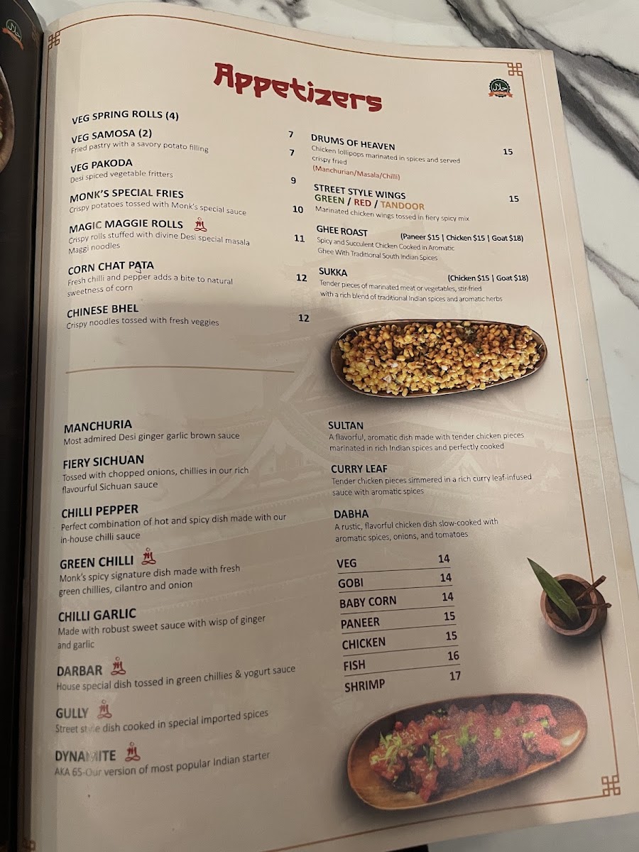 The Monks Indian Bistro menu board