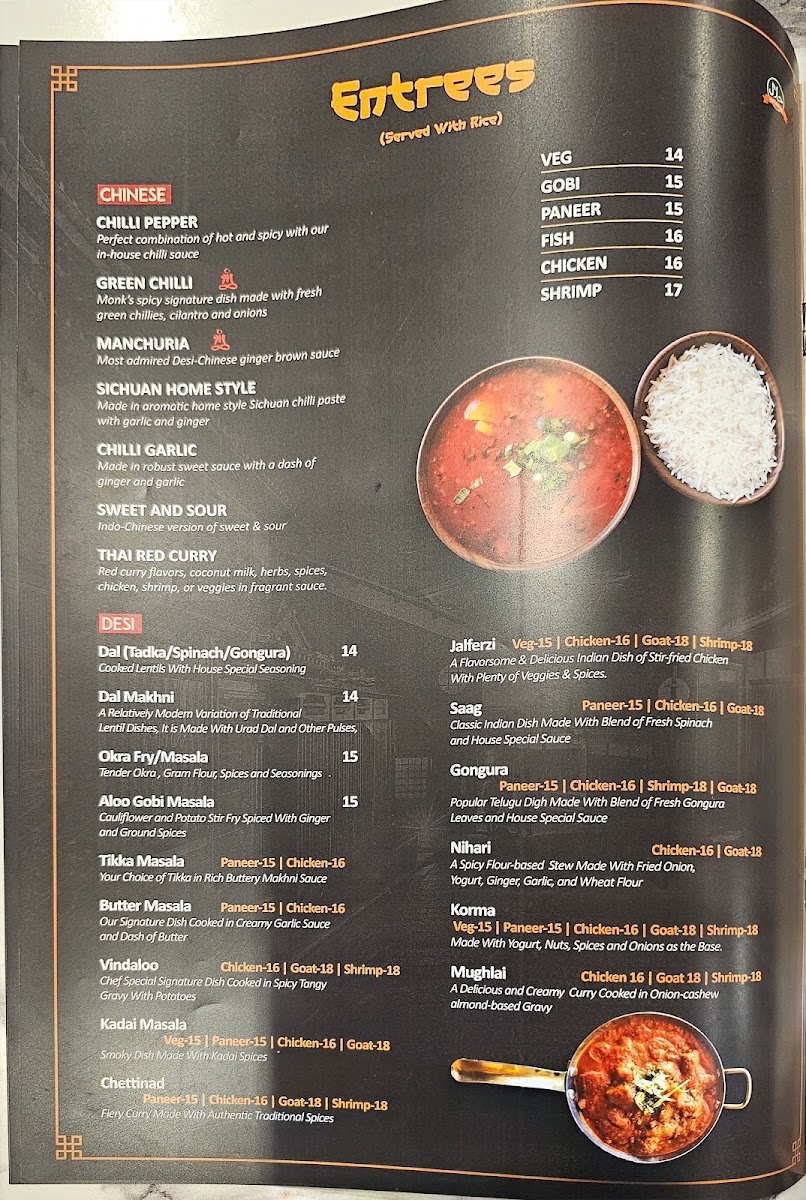 The Monks Indian Bistro menu board