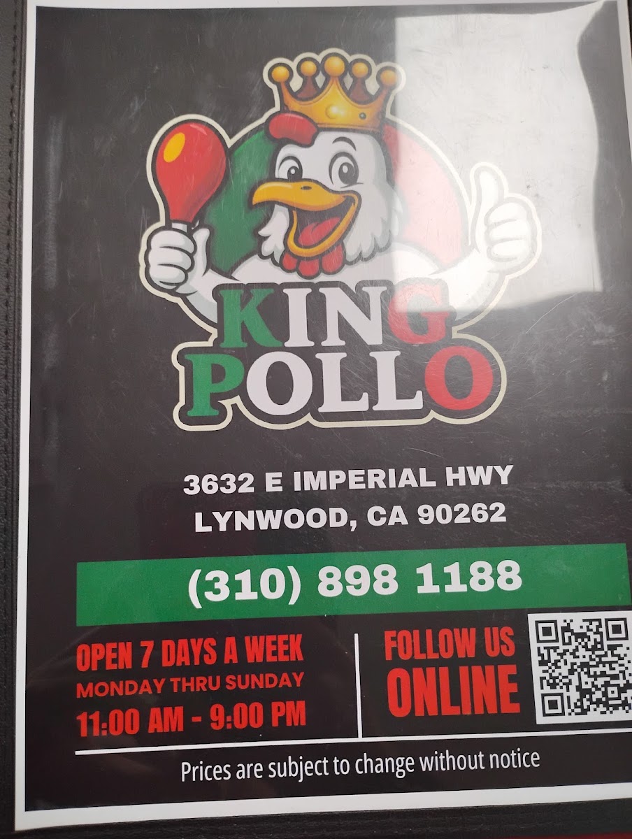 King Pollo menu board