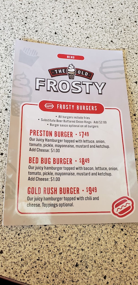 The Old Frosty menu board