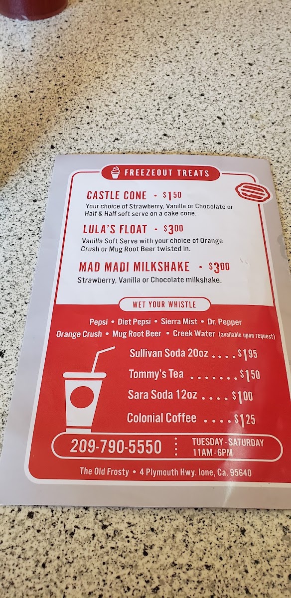 The Old Frosty menu board