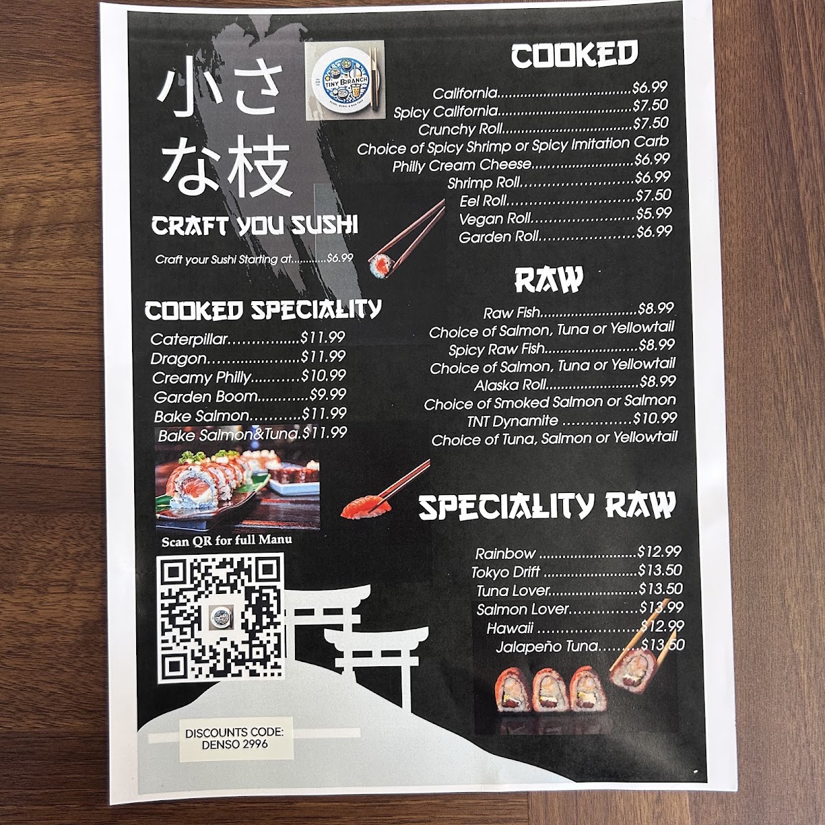 Tiny Branch Sushi & Boba menu board