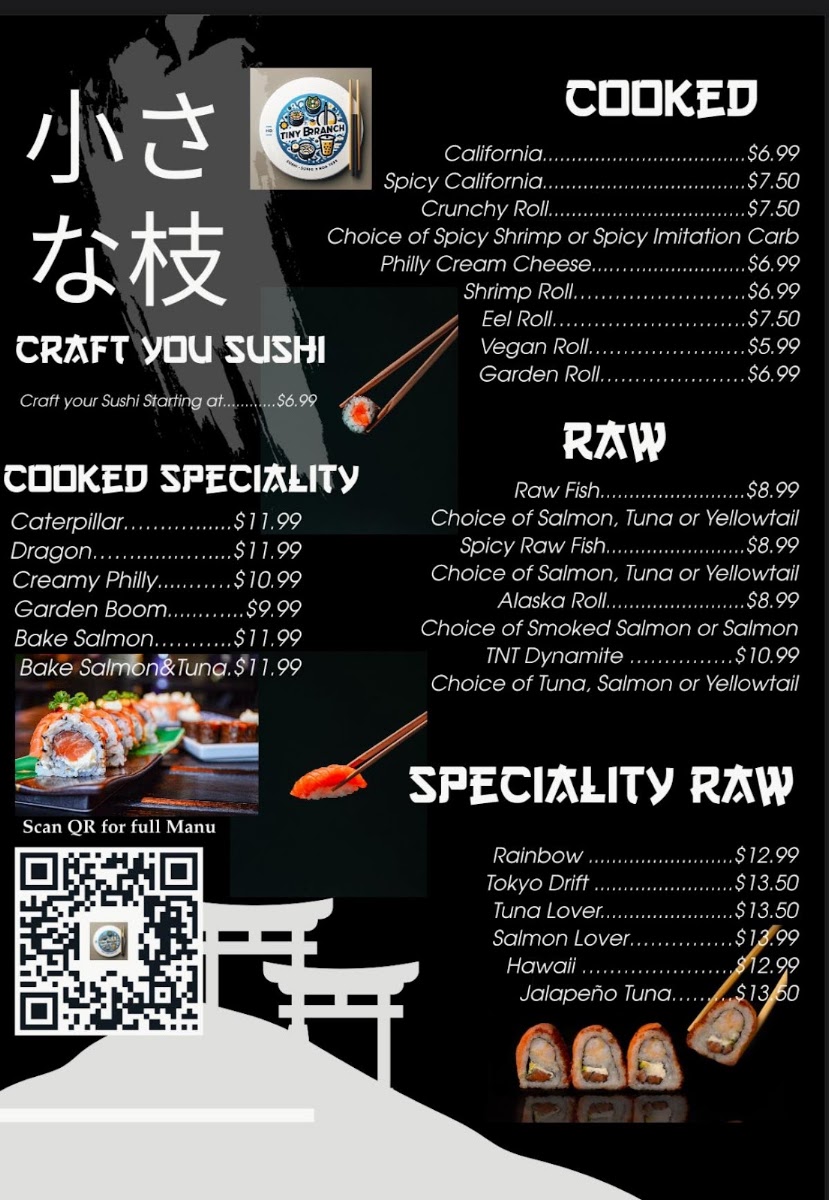 Tiny Branch Sushi & Boba menu board