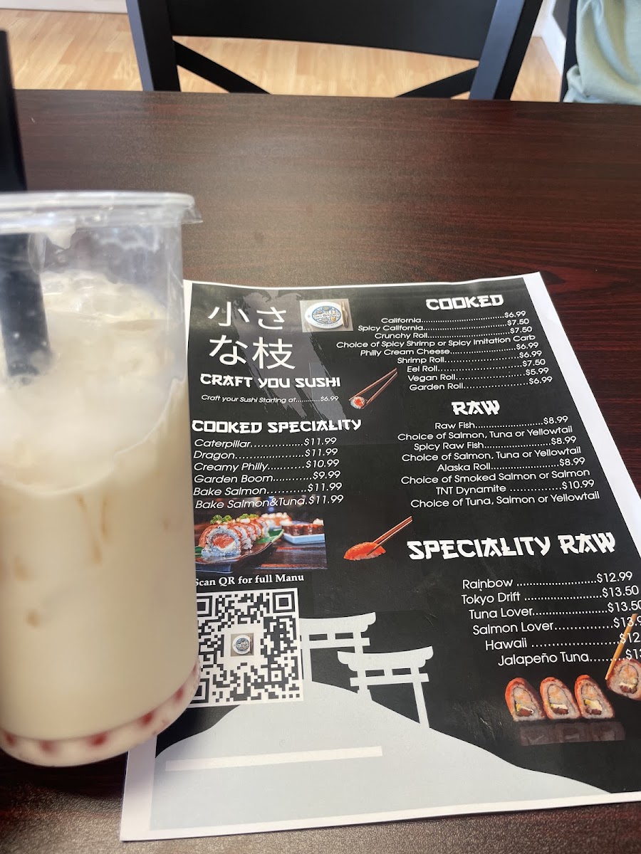 Tiny Branch Sushi & Boba menu board