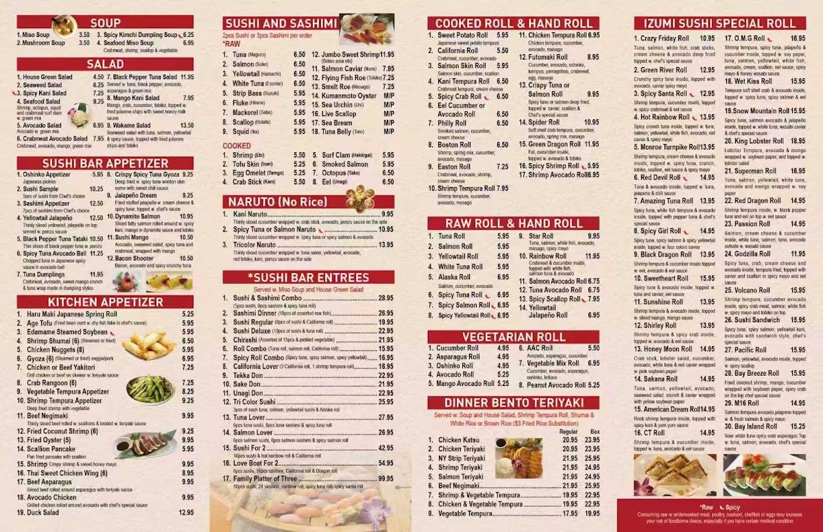 Izumi Sushi & Hibachi menu board