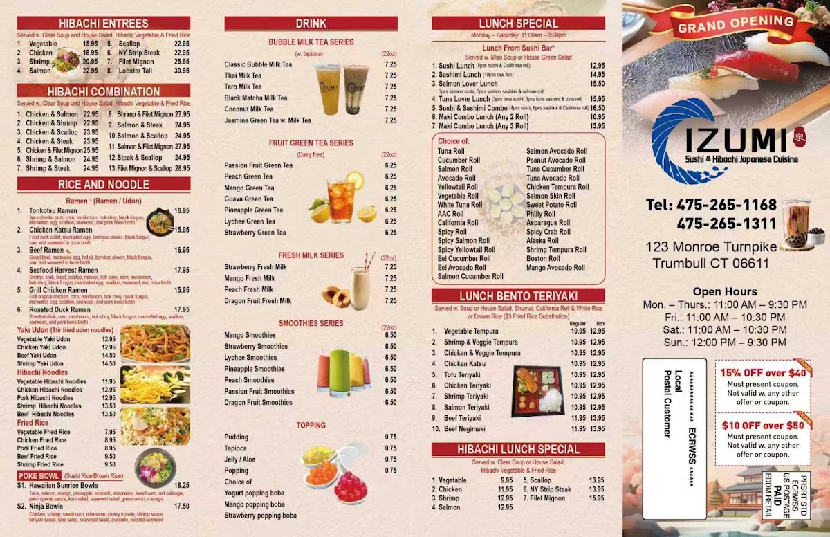 Izumi Sushi & Hibachi menu board