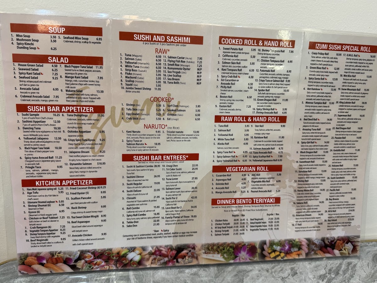Izumi Sushi & Hibachi menu board