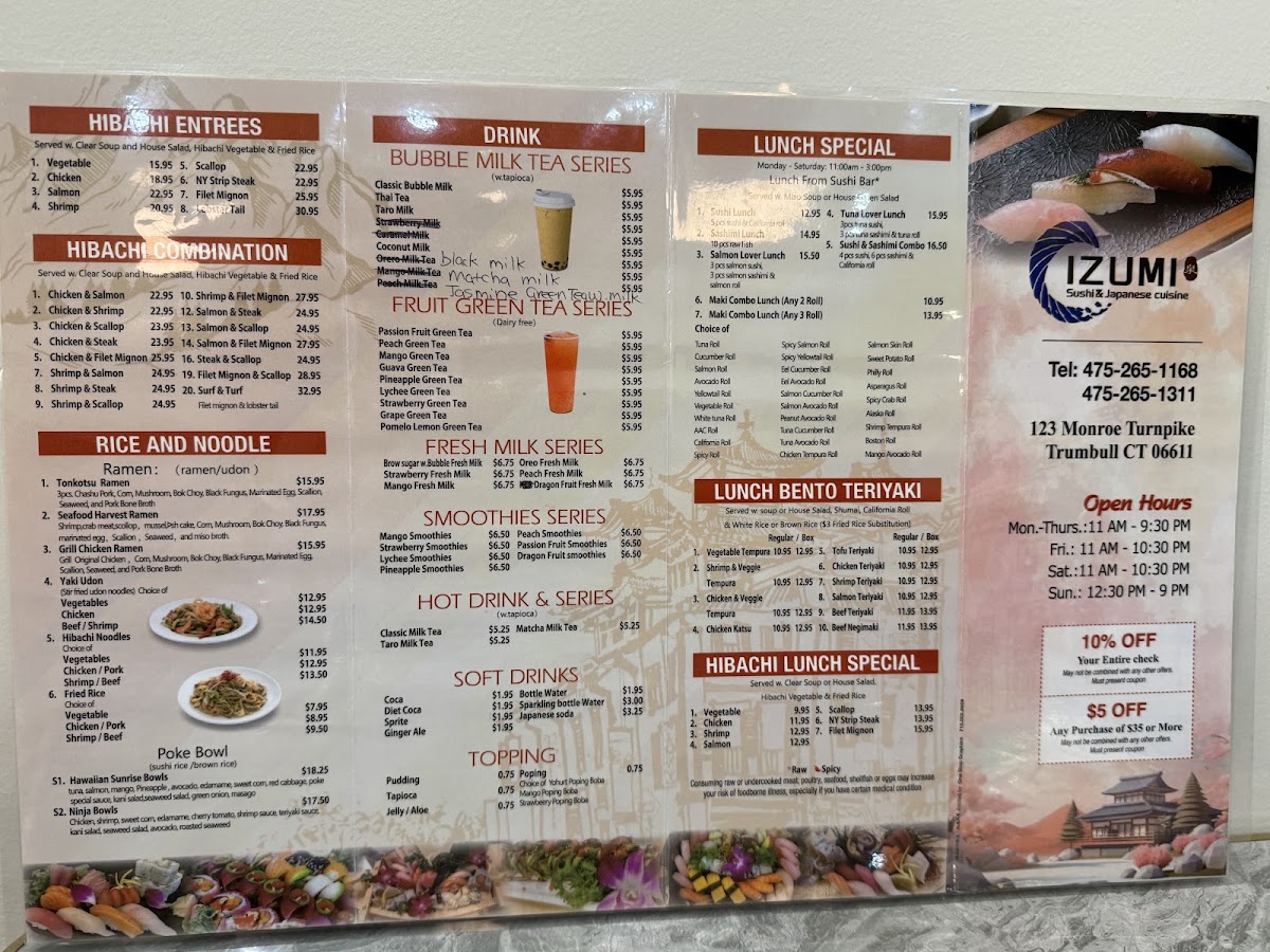 Izumi Sushi & Hibachi menu board