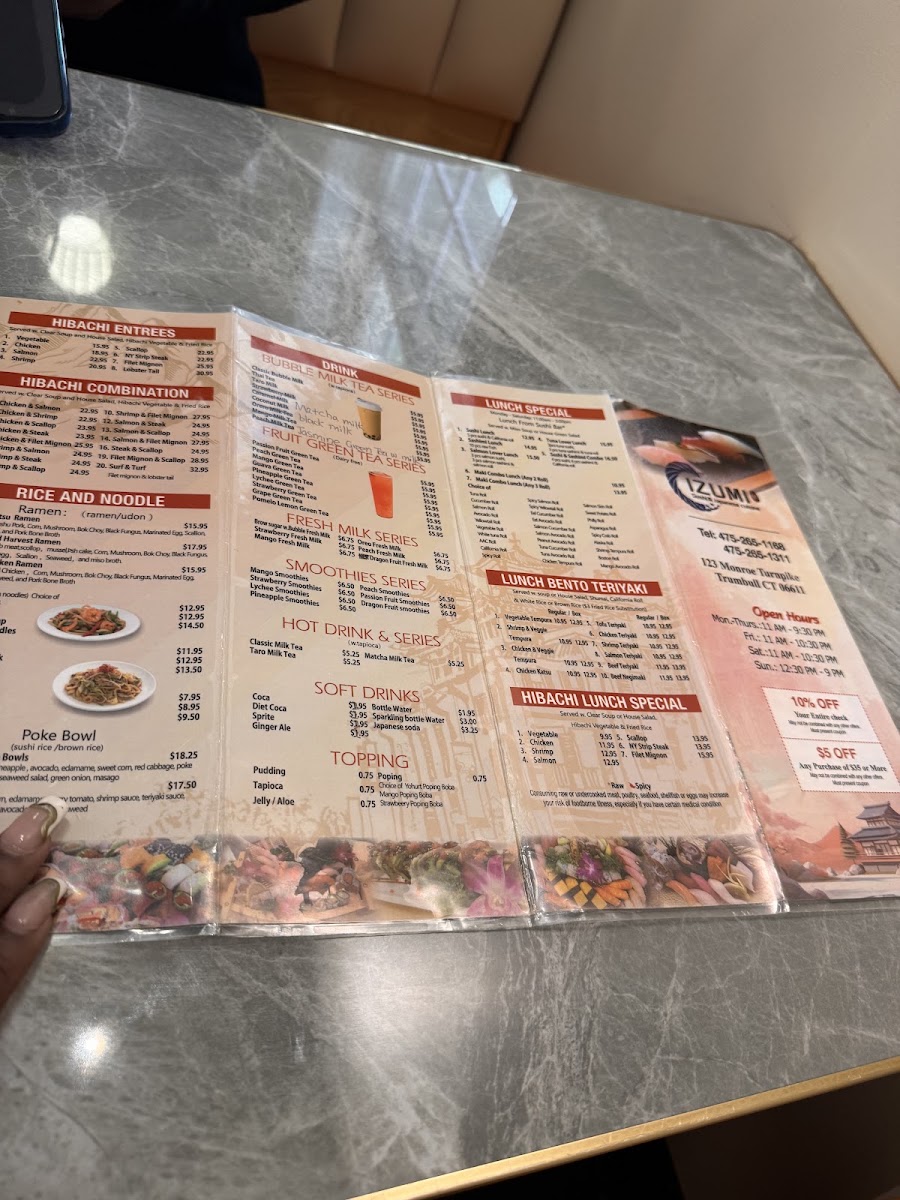 Izumi Sushi & Hibachi menu board