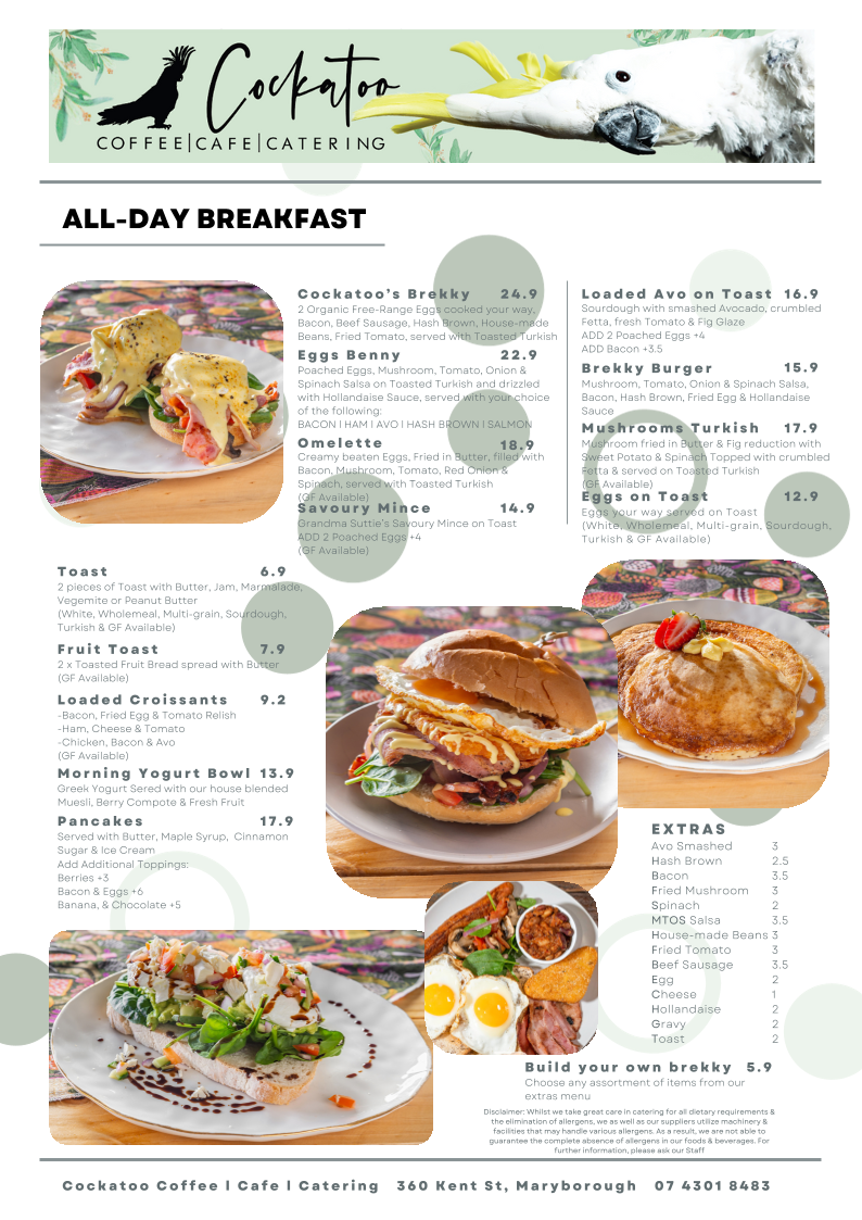 Cockatoo Coffee Cafe Catering menu board