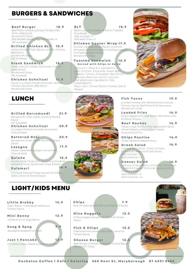 Cockatoo Coffee Cafe Catering menu board