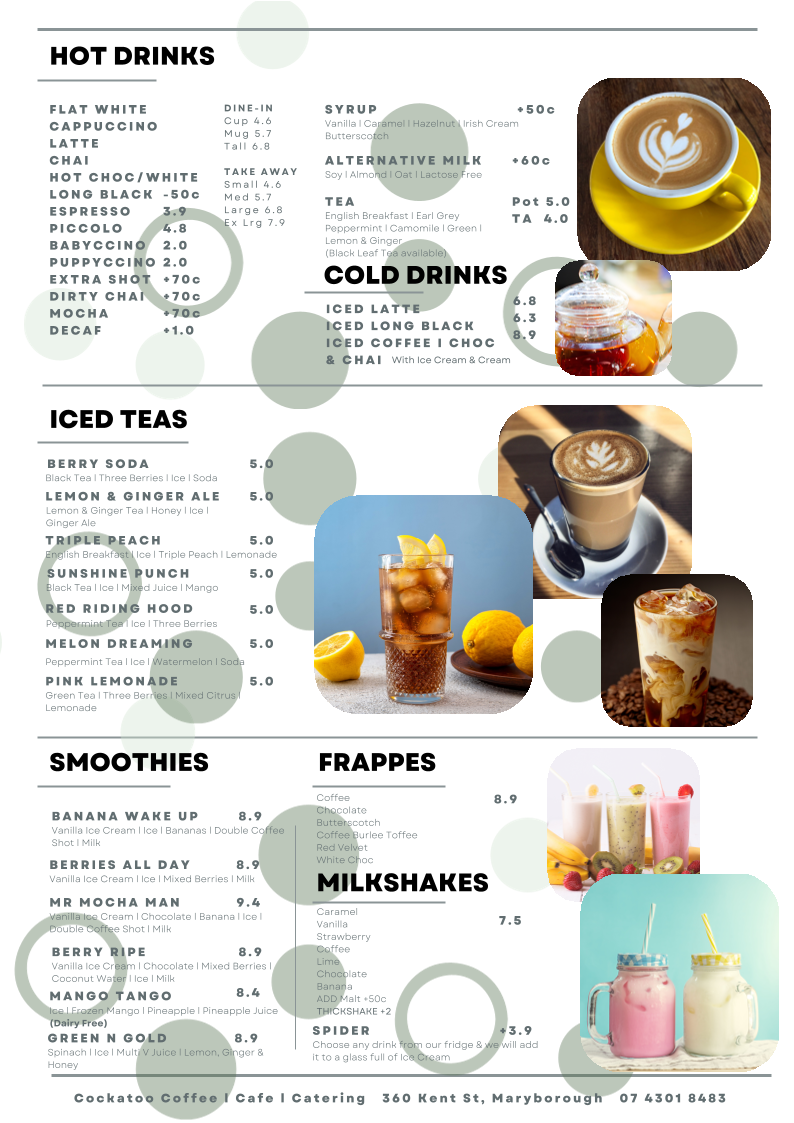 Cockatoo Coffee Cafe Catering menu board