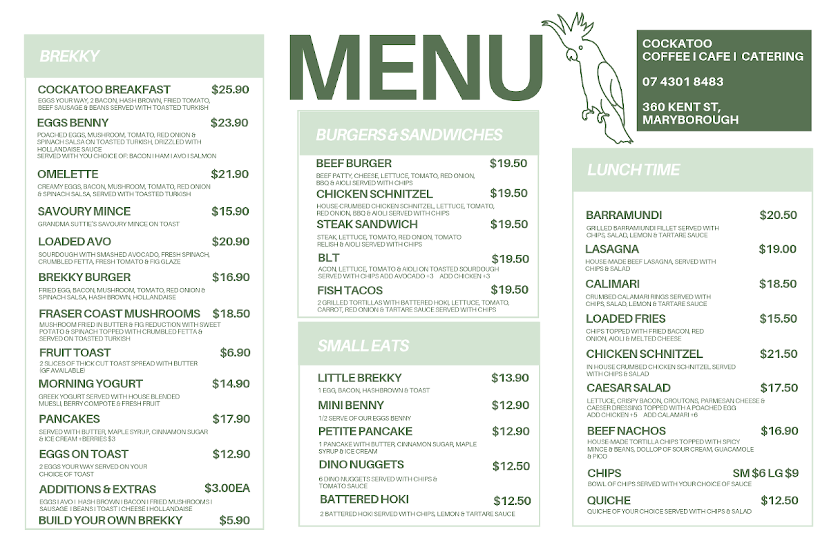 Cockatoo Coffee Cafe Catering menu board