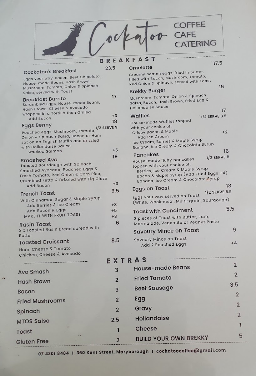 Cockatoo Coffee Cafe Catering menu board