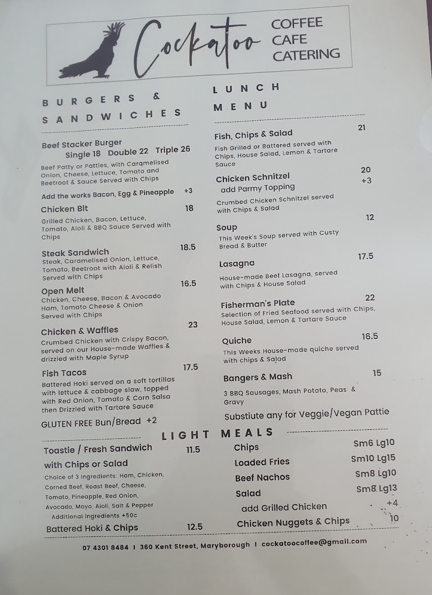 Cockatoo Coffee Cafe Catering menu board