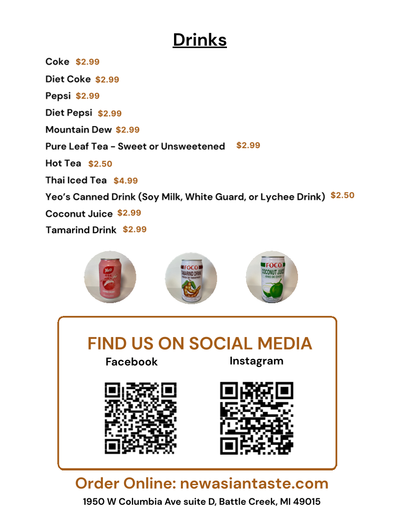 New Asian Taste menu board