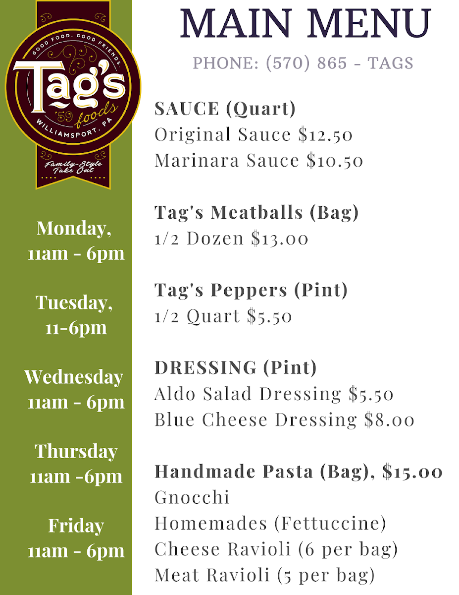 Tag's Family-Style Take Out menu board