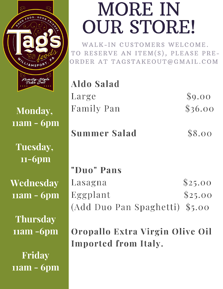Tag's Family-Style Take Out menu board