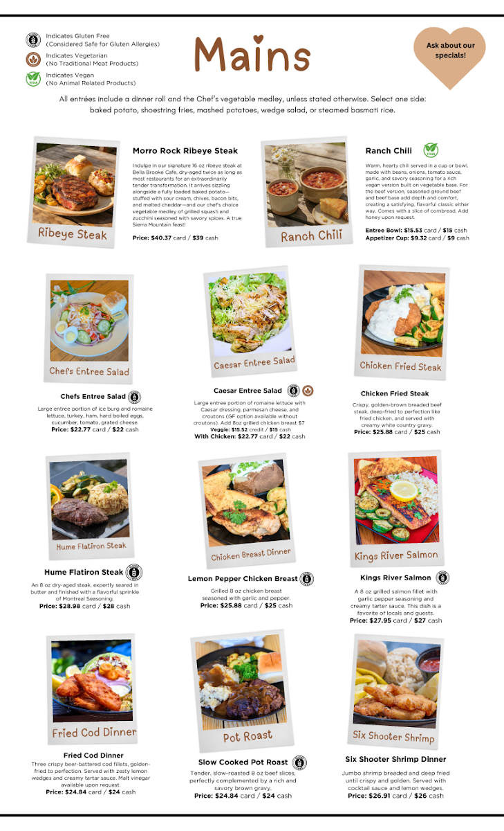 Bella Brooke Cafe at Gena's Sierra Inn: Family Restaurant menu board