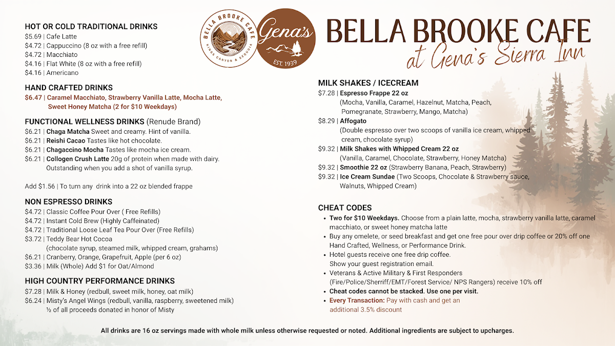 Bella Brooke Cafe at Gena's Sierra Inn: Family Restaurant menu board