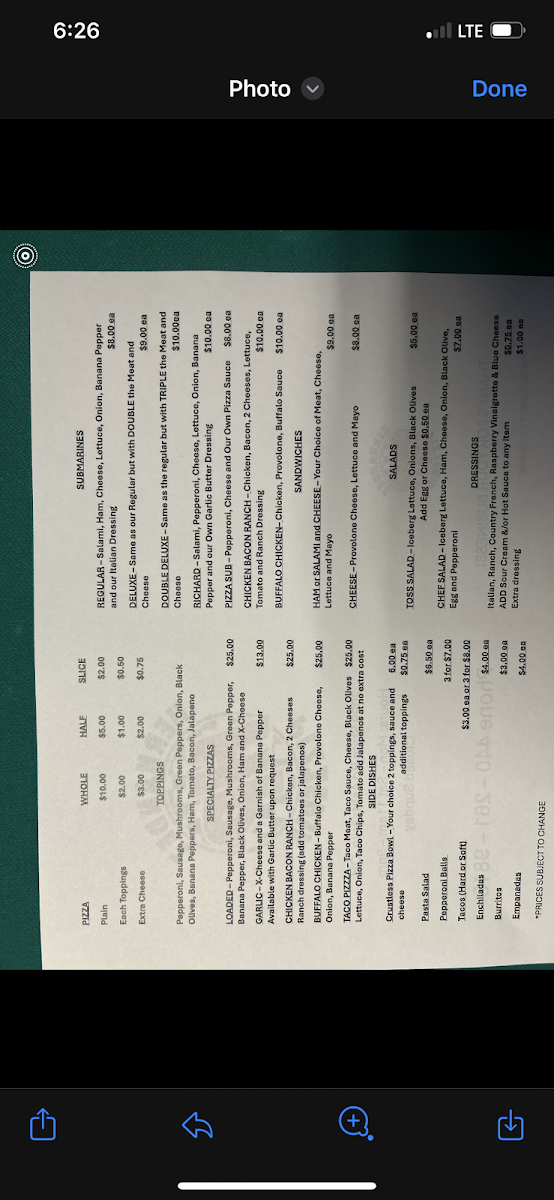 Hernandez Pizzeria menu board