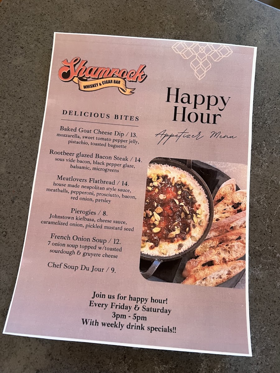 Shamrock Whiskey & Cigar Bar, LLC menu board
