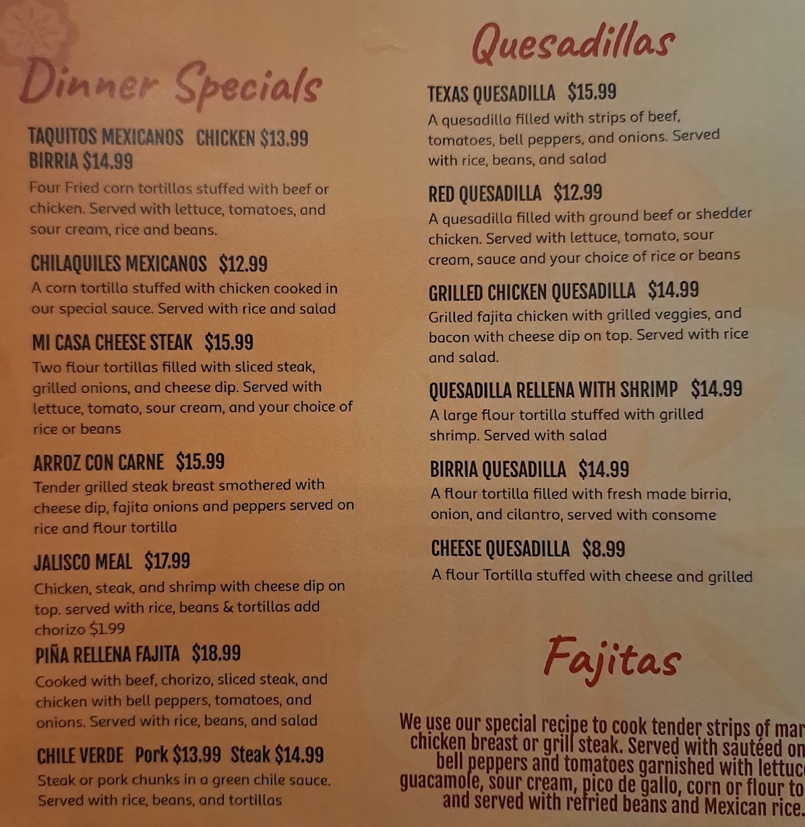Mi Casa Grill and Cantina menu board