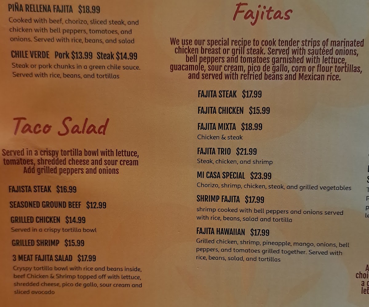 Mi Casa Grill and Cantina menu board
