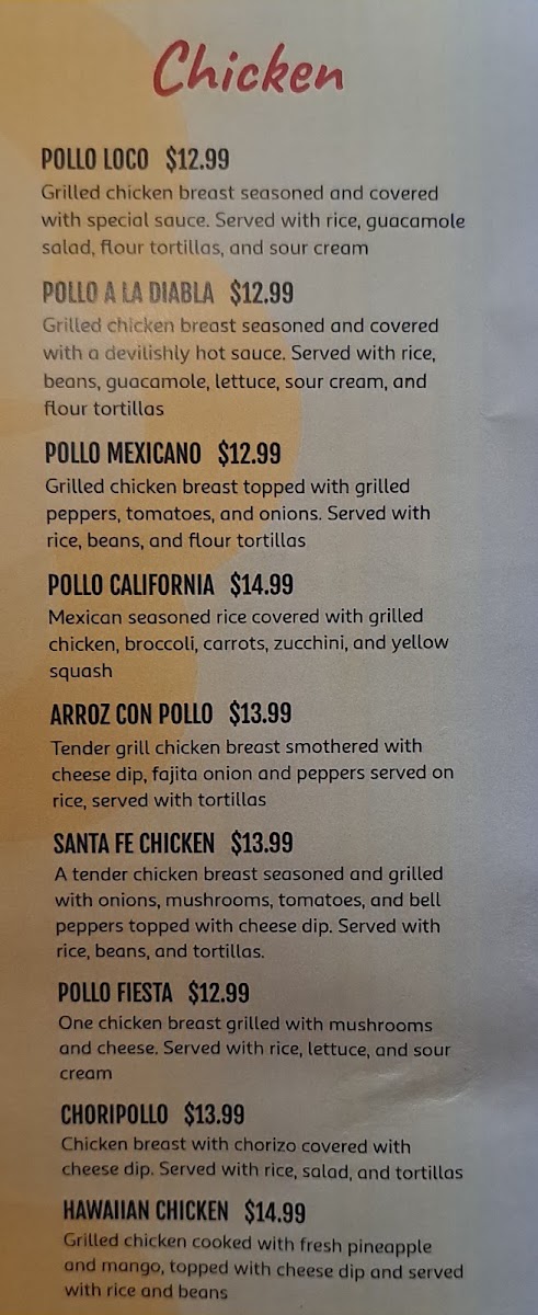 Mi Casa Grill and Cantina menu board
