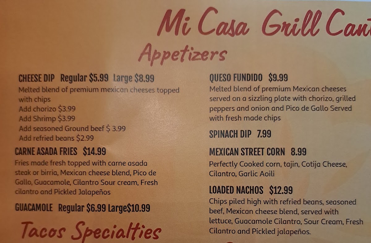 Mi Casa Grill and Cantina menu board
