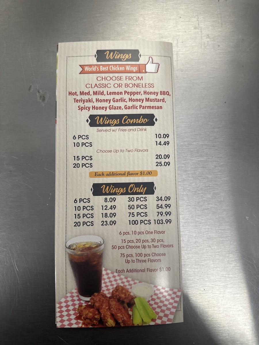 US Wings & Deli - Gaffney menu board