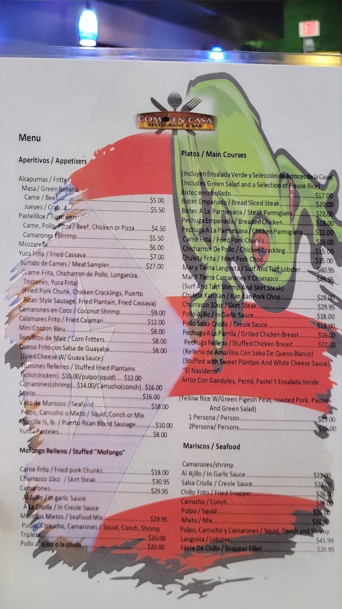 Como en casa restaurant menu board