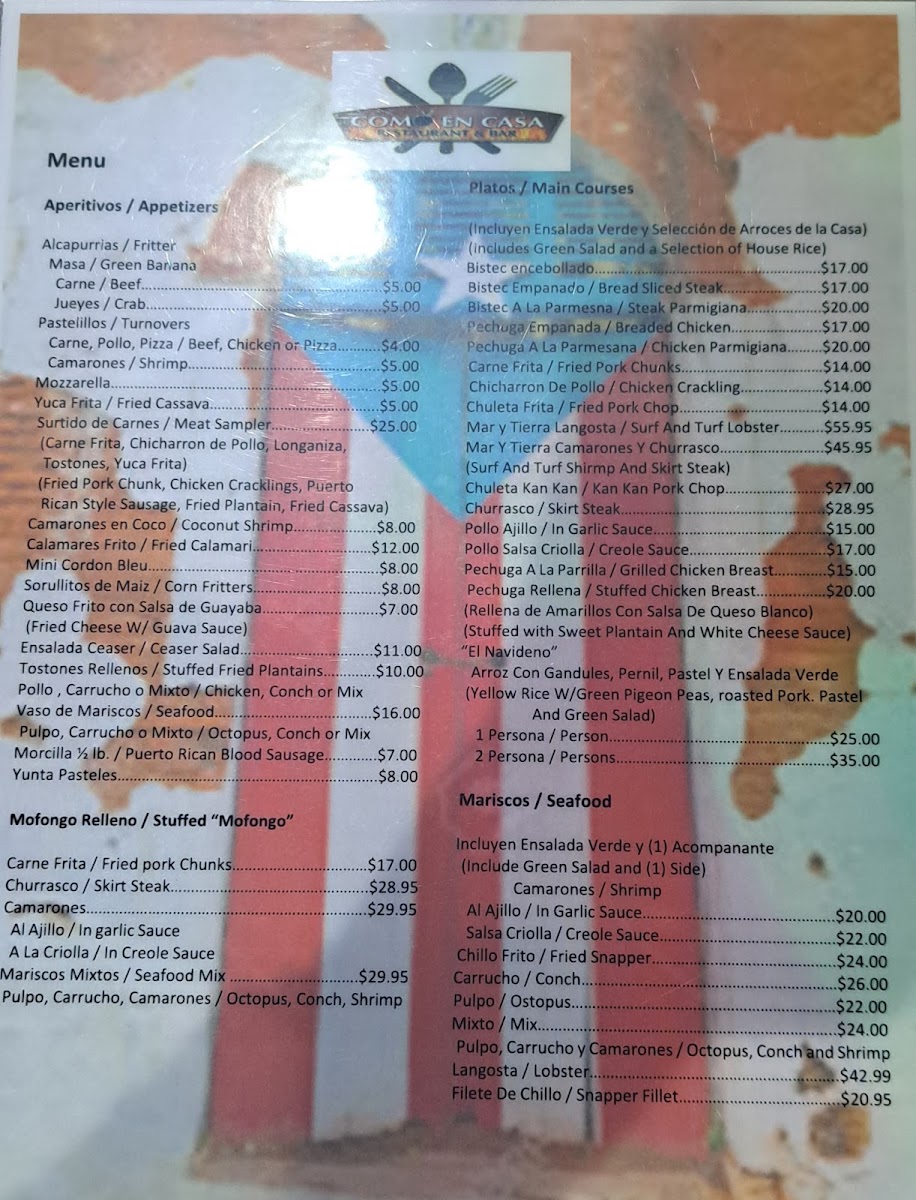 Como en casa restaurant menu board