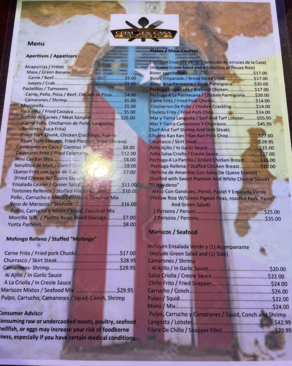 Como en casa restaurant menu board