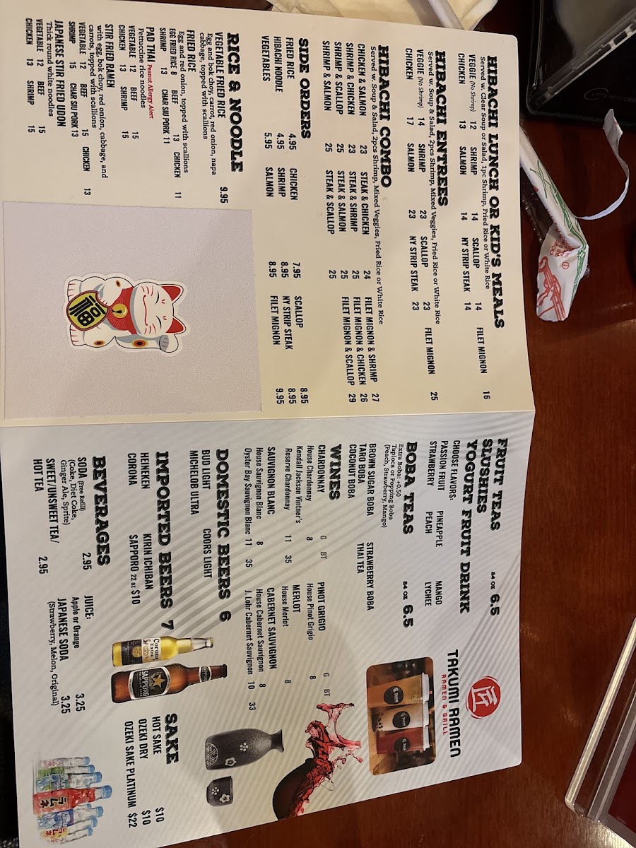 Takumi Ramen menu board