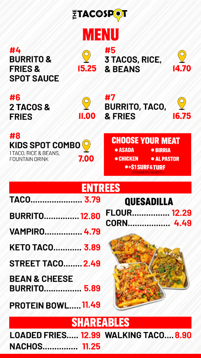 The Taco Spot - Mockingbird menu board