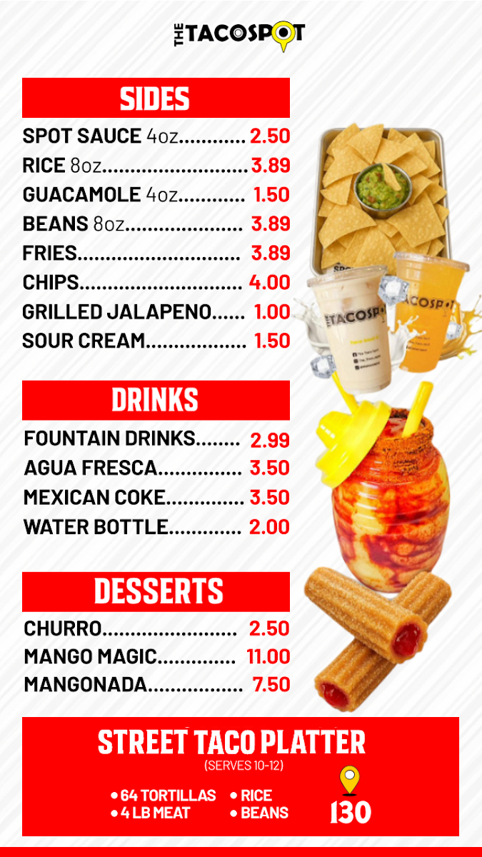 The Taco Spot - Mockingbird menu board